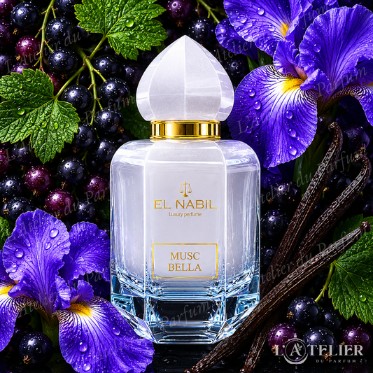 Musc Bella El Nabil – EDP floral gourmand cassis jasmin iris vanille praliné tonka patchouli – 65ml