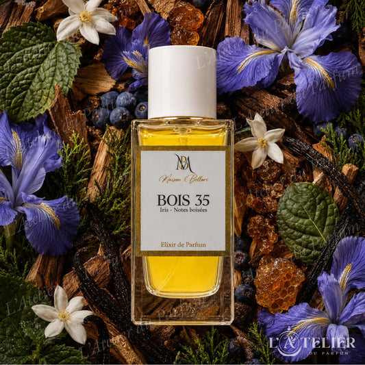 Bois 35 Maison Bellori – élixir boisé oriental iris genièvre cyprès myrrhe patchouli vanille miel musc – 50ml 40€