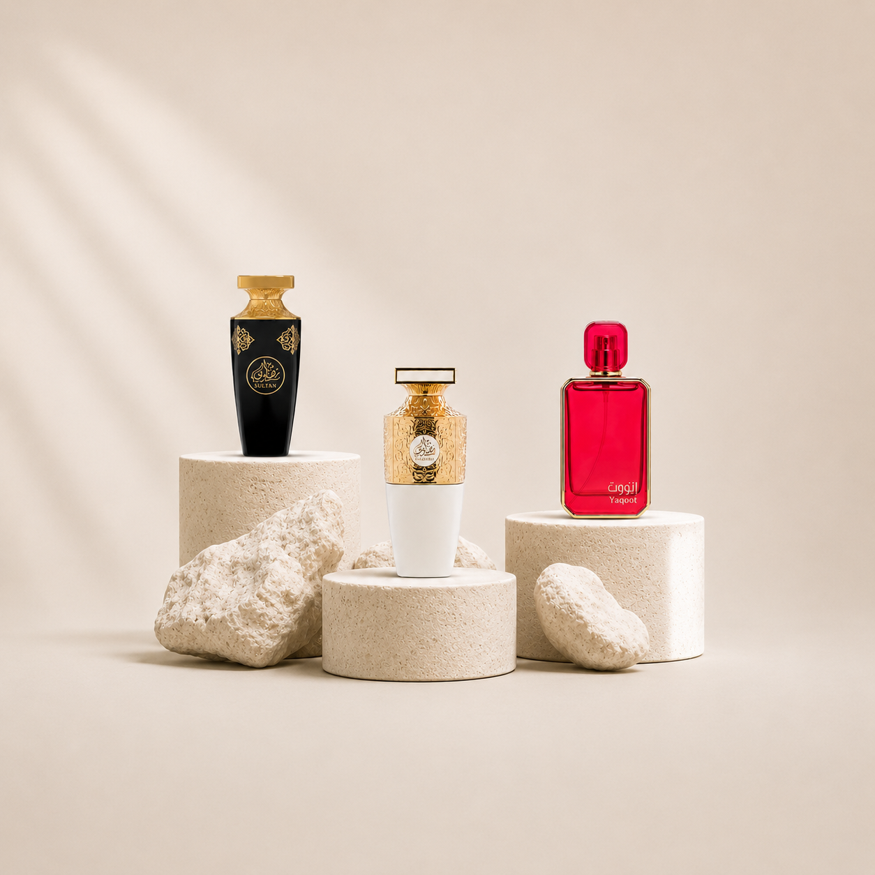 Collection de parfums Arabian Oud présentée sur des socles en pierre beige  