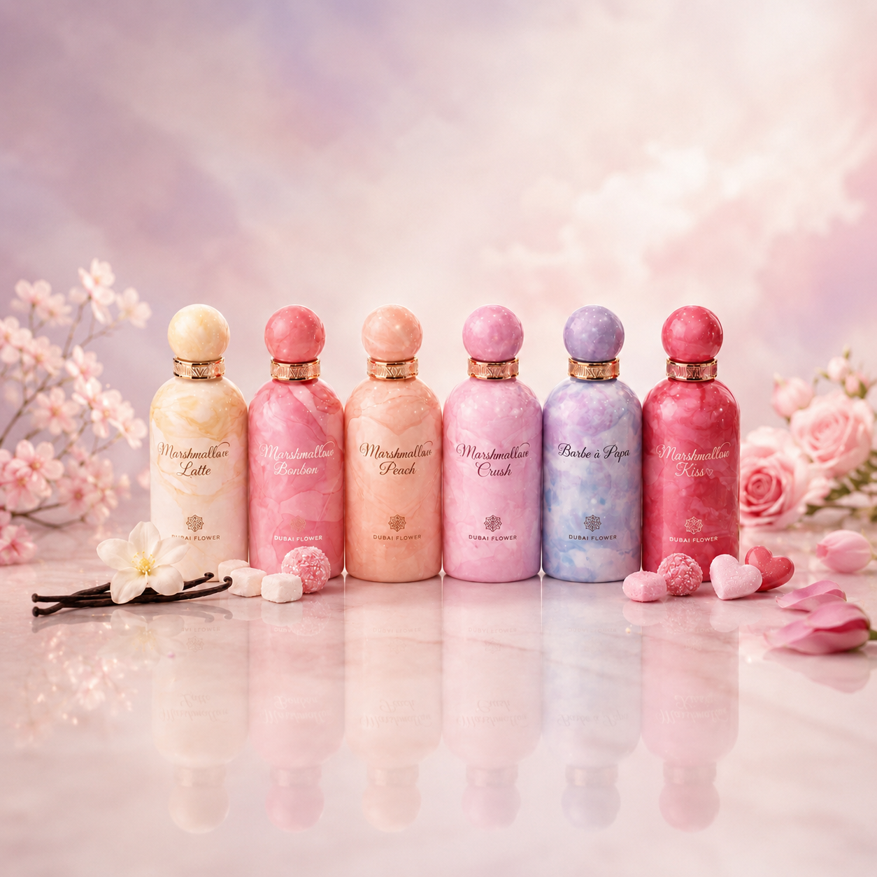 Collection de parfums Dubai Flower aux senteurs gourmandes, florales et sucrées