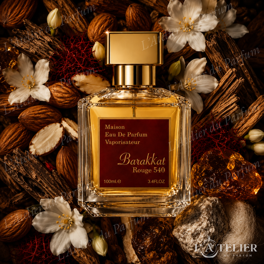 Barakkat Rouge 540 Gulf Fragrance – extrait ambré boisé safran amande cèdre jasmin ambre gris – 100ml
