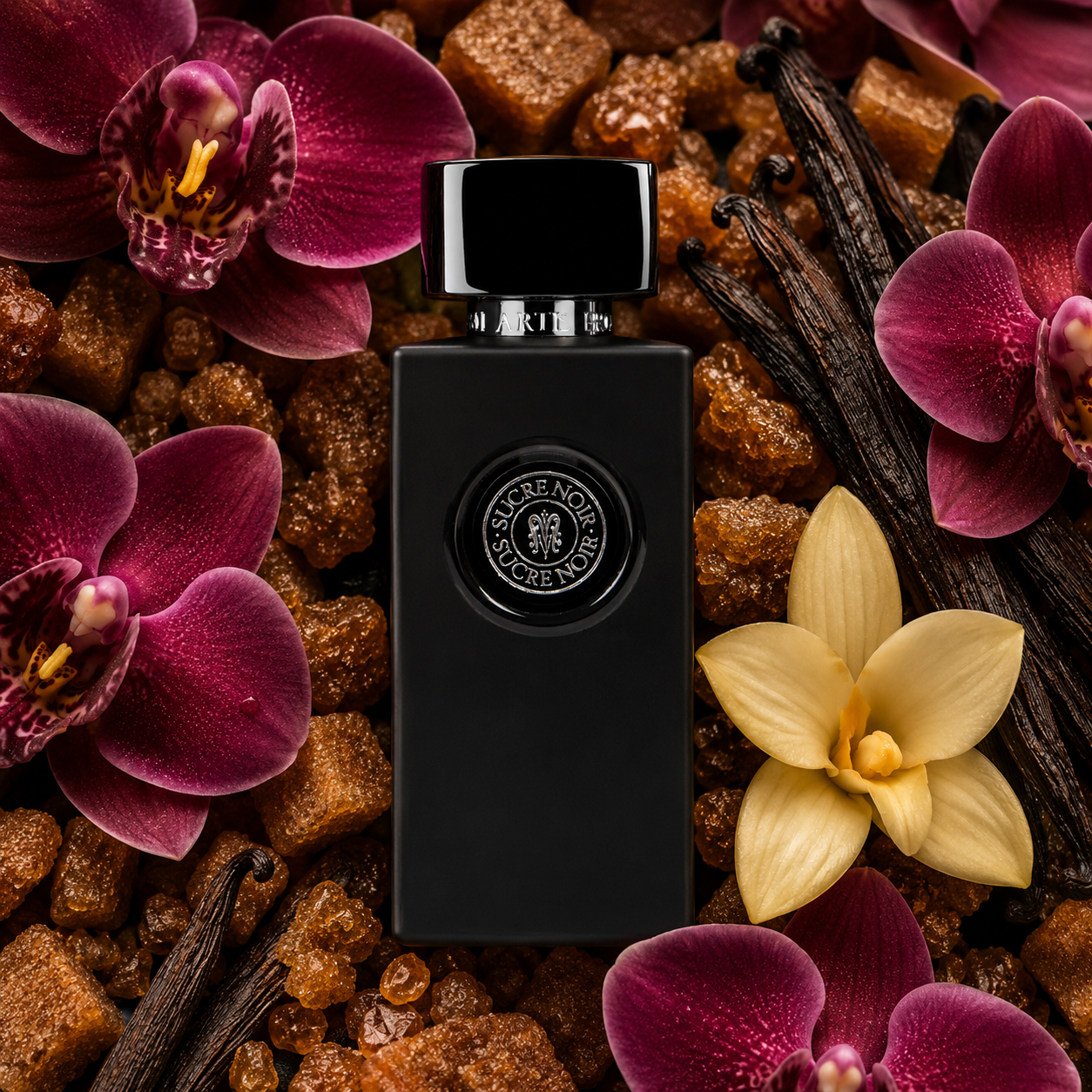 Sucre Noir Arte Profumi – parfum unisexe gourmand envoûtant – vue de face 100ml