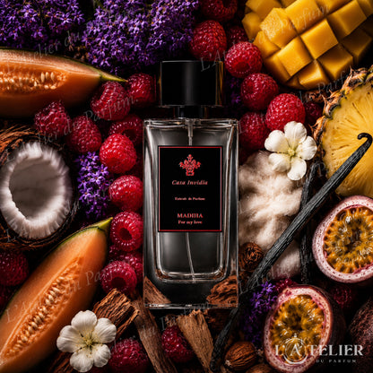 Madiha Casa Invidia – extrait niche fruité tropical framboise coco melon ananas fruit de la passion vanille cèdre – 100ml