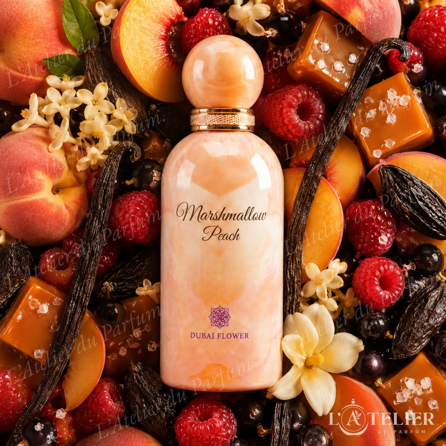 Marshmallow Peach Dubaï Flower – extrait gourmand pêche juteuse marshmallow vanille musc blanc poudré – 100ml