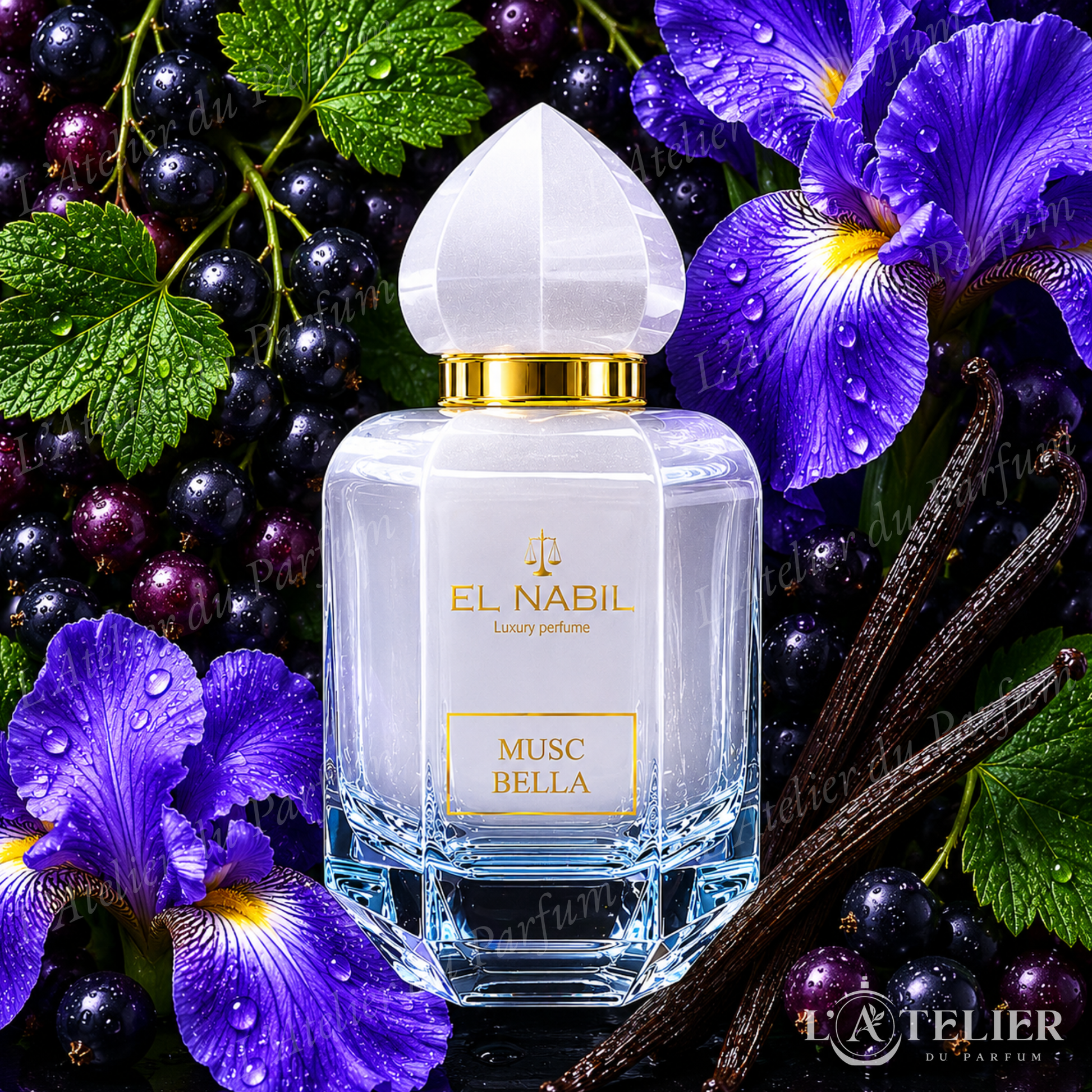 Musc Bella El Nabil – EDP floral gourmand cassis jasmin iris vanille praliné tonka patchouli – 65ml