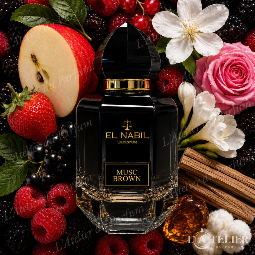 Musc Brown El Nabil – EDP fruité floral cassis fraise pomme jasmin rose framboise santal musc – 65ml