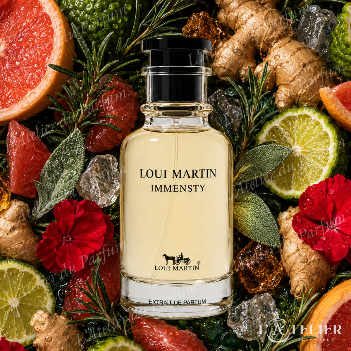 Immensty Loui Martin – extrait aquatique aromatique pamplemousse gingembre bergamote sauge romarin géranium ambroxan ambre – 100ml 35€