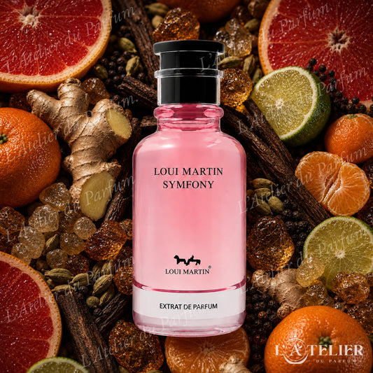Symfony Loui Martin – extrait femme agrumes épicé pamplemousse orange mandarine gingembre bergamote épices musc ambre bois précieux – 100ml 35€