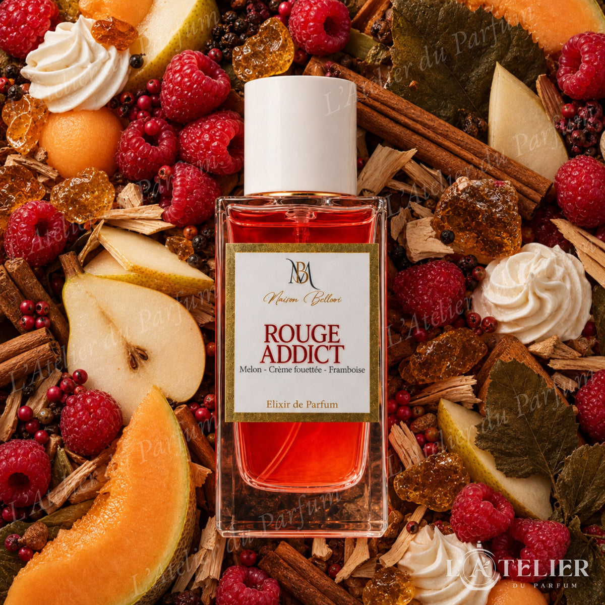 Rouge Addict Maison Bellori – élixir gourmand épicé framboise poire melon crème ambre cannelle santal musc patchouli – 50ml 40€