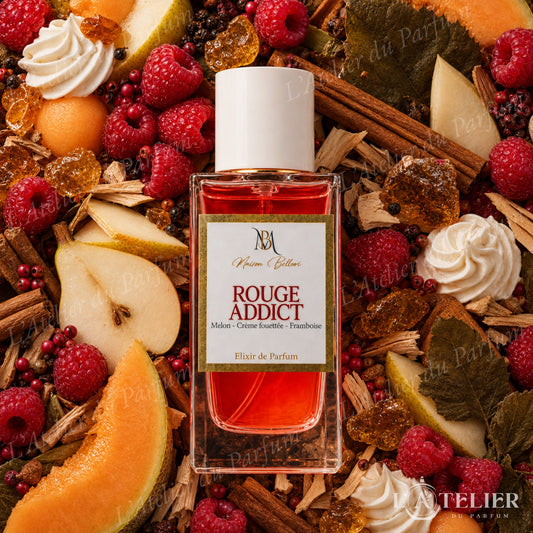 Rouge Addict Maison Bellori – élixir gourmand épicé framboise poire melon crème ambre cannelle santal musc patchouli – 50ml 40€