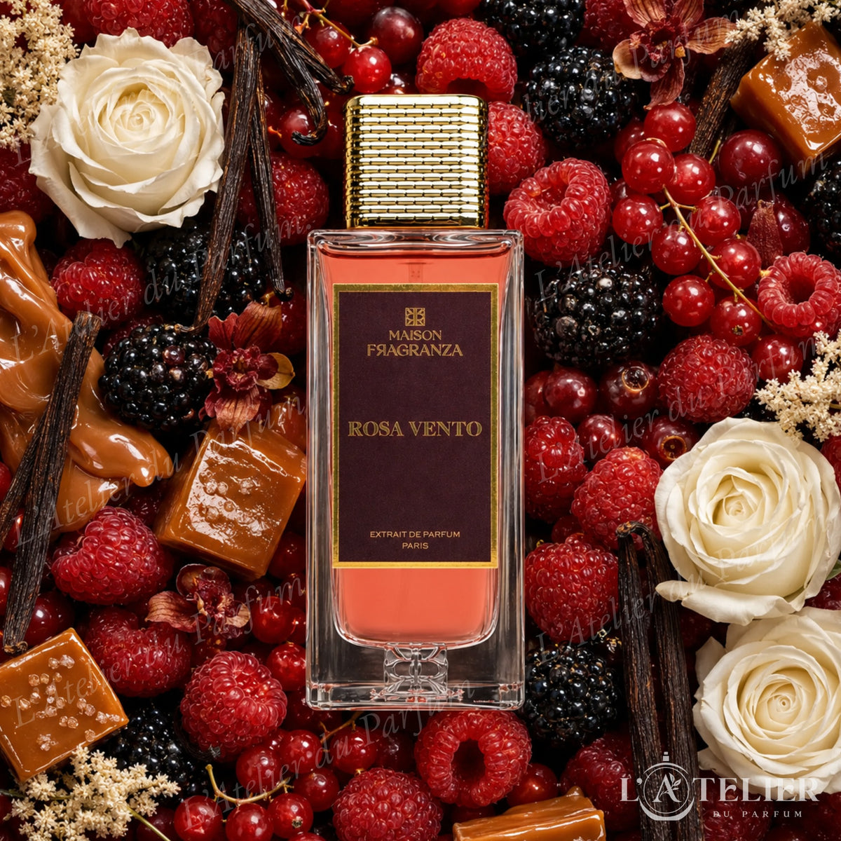 Rosa Vento Maison Fragranza – extrait floral musqué fruits rouges vanille caramel musc rose blanche – 100ml
