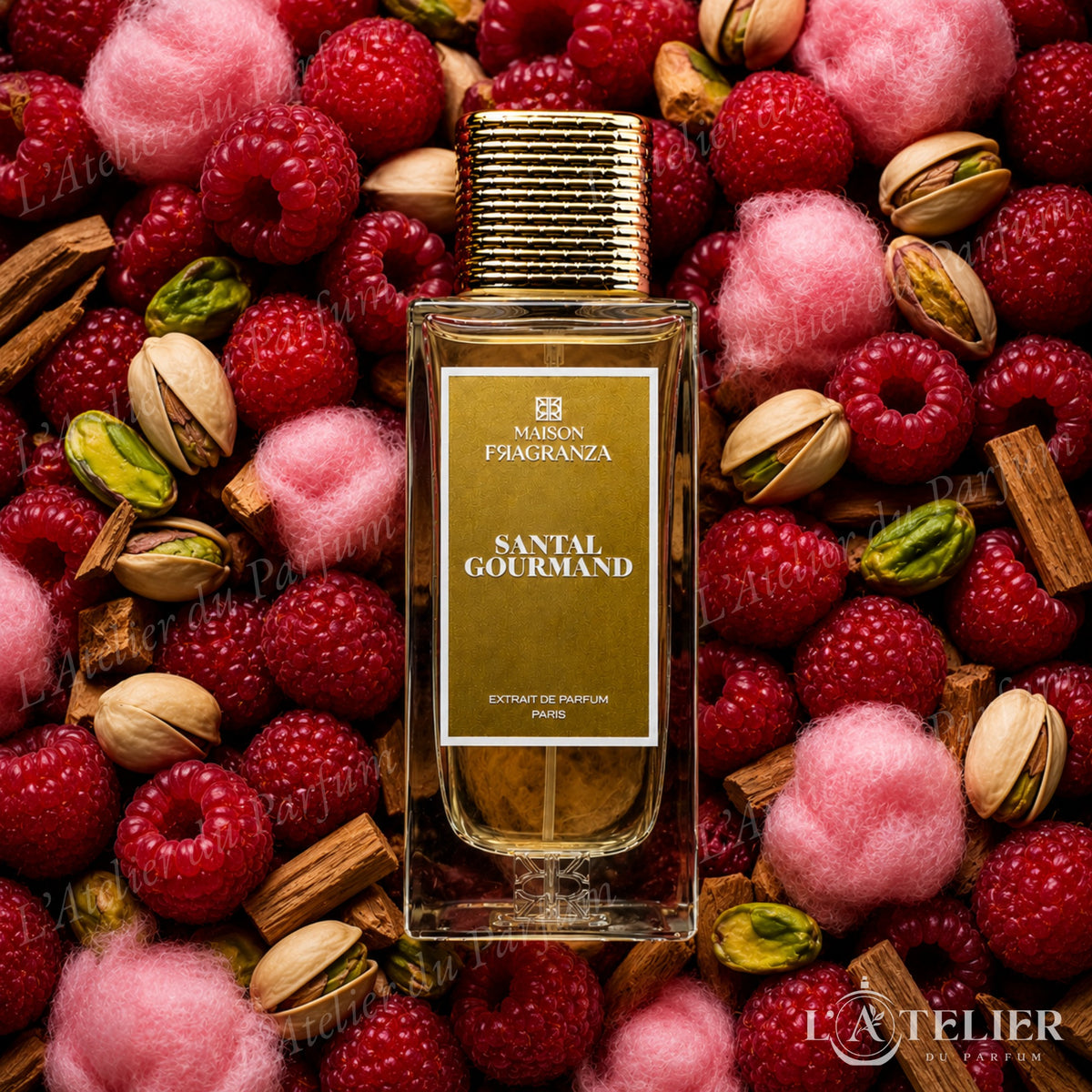 Santal Gourmand Maison Fragranza – extrait boisé gourmand pistache framboise barbe à papa bois de santal – 100ml
