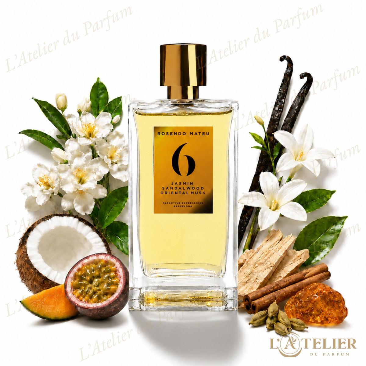 Rosendo Mateu N°6 – Eau de Parfum Unisexe jasmin sandalwood oriental musk – flacon et notes olfactives jasmin coco fruit de la passion vanille santal
